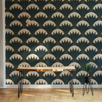 Bold green and gold Deco wallpaper for modern room decor.