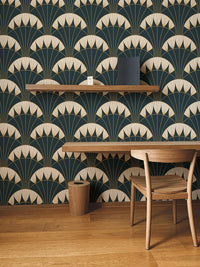 Art Deco green background wallpaper behind wooden study table and chair. 