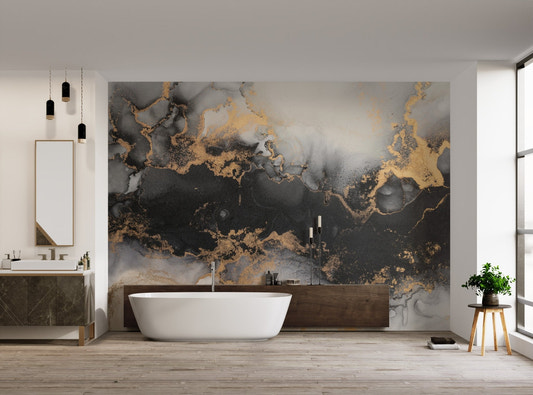 Elegant wall mural featuring golden marble ink design for bathroom interior.