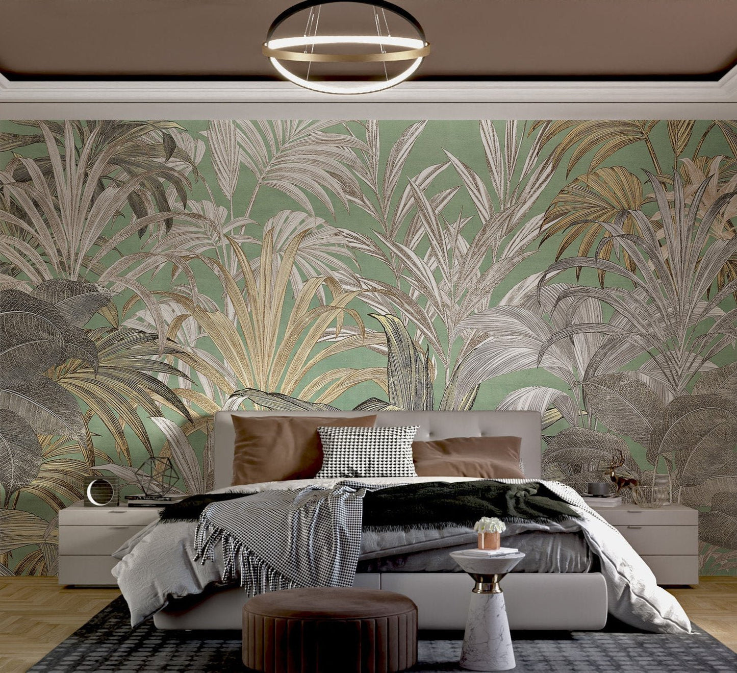 Grey and gold leaf pattern wall mural designed for modern bedroom.