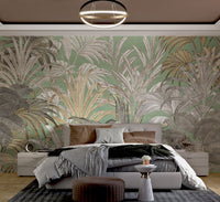 Grey and gold leaf pattern wall mural designed for modern bedroom.