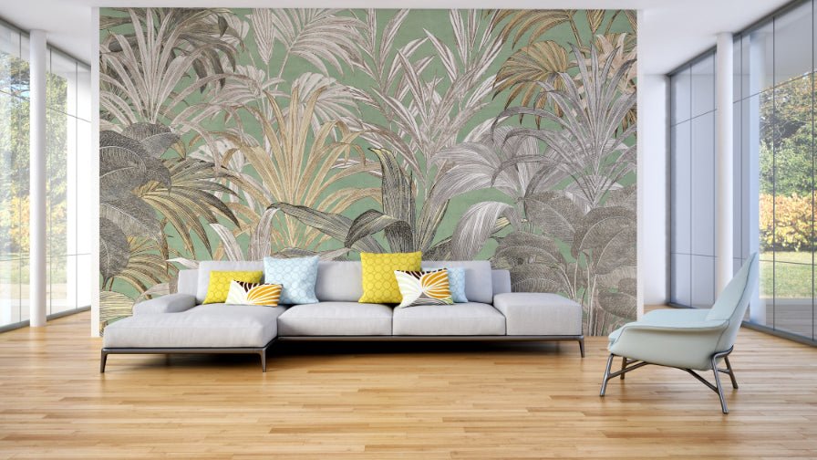 Green metallic leaf pattern wall mural suited for modern living room spaces.