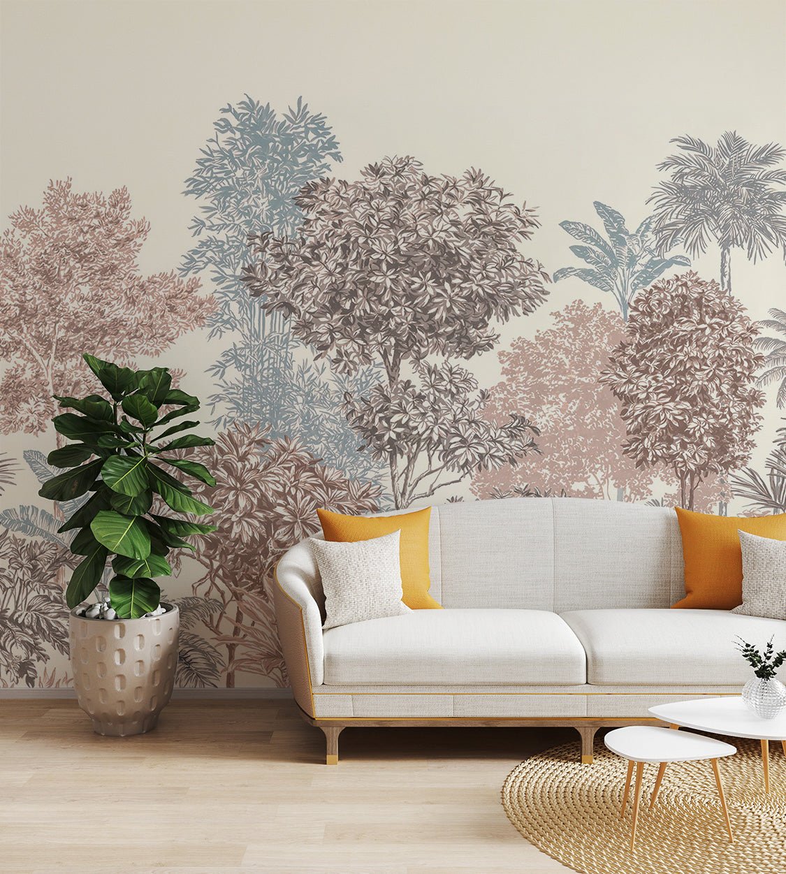 Light background tropical botanical palm wall mural for bright living room.
