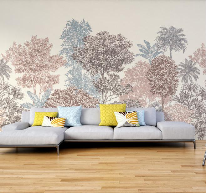 Golden Palm Forest Wall Mural with blue foliage for modern living spaces.