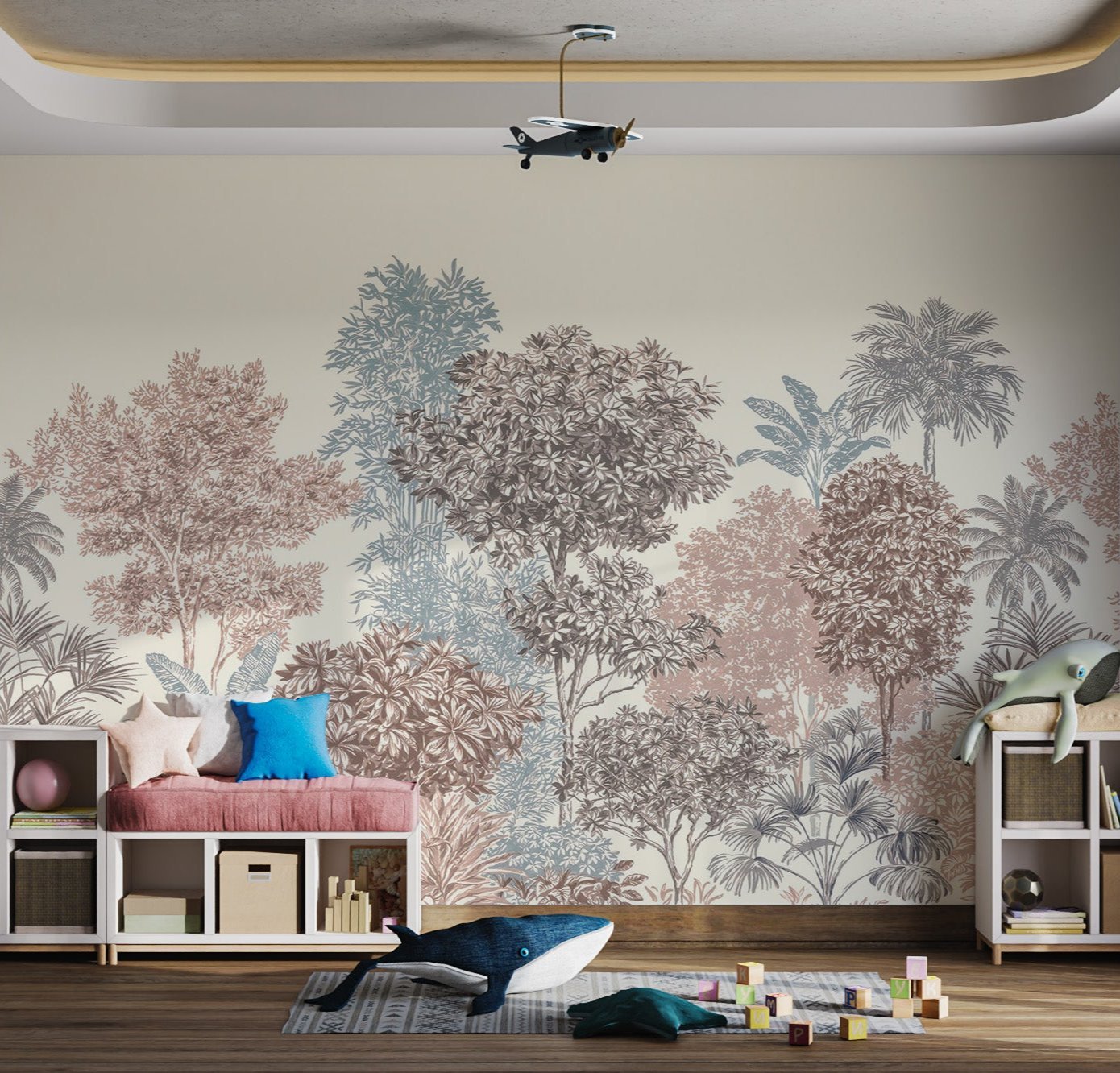 Muted pink and grey tropical tree wall mural for contemporary playroom.