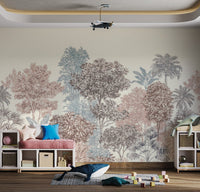 Muted pink and grey tropical tree wall mural for contemporary playroom.