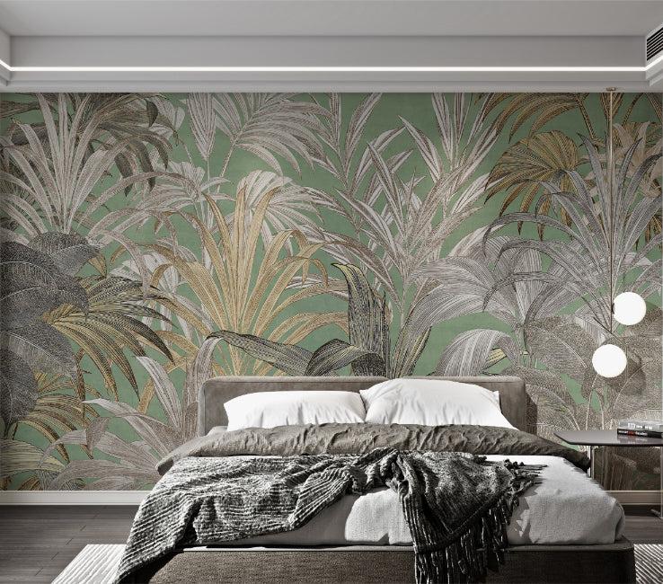 Vintage style botanical wall mural with green and gold colors for bedrooms.