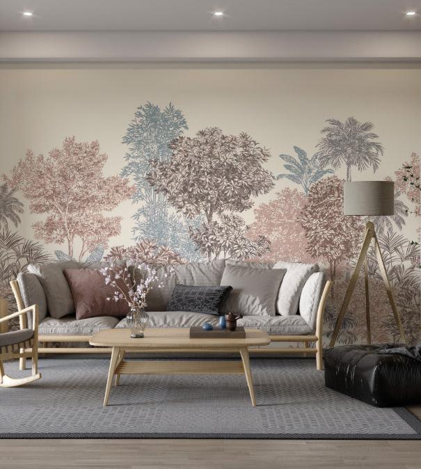 Tropical jungle pattern wall mural in muted colors for minimalist living room.