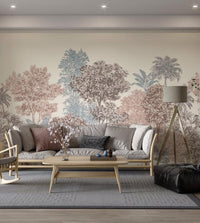 Tropical jungle pattern wall mural in muted colors for minimalist living room.