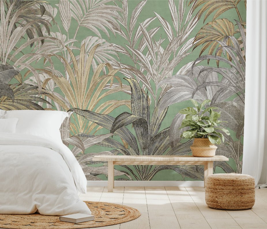 Golden Palm Forest wall mural displaying botanical prints.