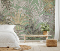 Golden Palm Forest wall mural displaying botanical prints.