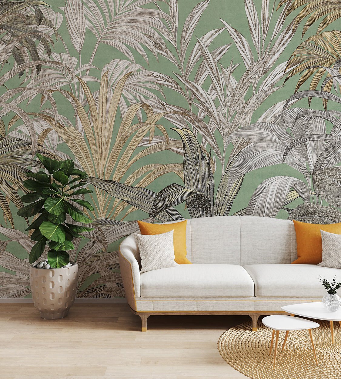 Golden Palm Forest wall mural showing large metallic leaves for living room