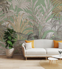 Golden Palm Forest wall mural showing large metallic leaves for living room