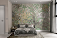 Tropical metallic palm leaves wall mural for bedroom interior styling.