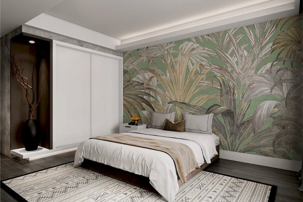 Golden Palm Forest wall mural providing a tropical theme for bedroom.