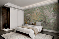Golden Palm Forest wall mural providing a tropical theme for bedroom.