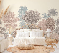 Multi-color palm tree botanical wall mural used for flat interior accent.