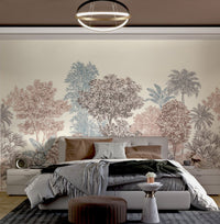 Cream and grey vintage tree wall mural designed for residential bedroom.