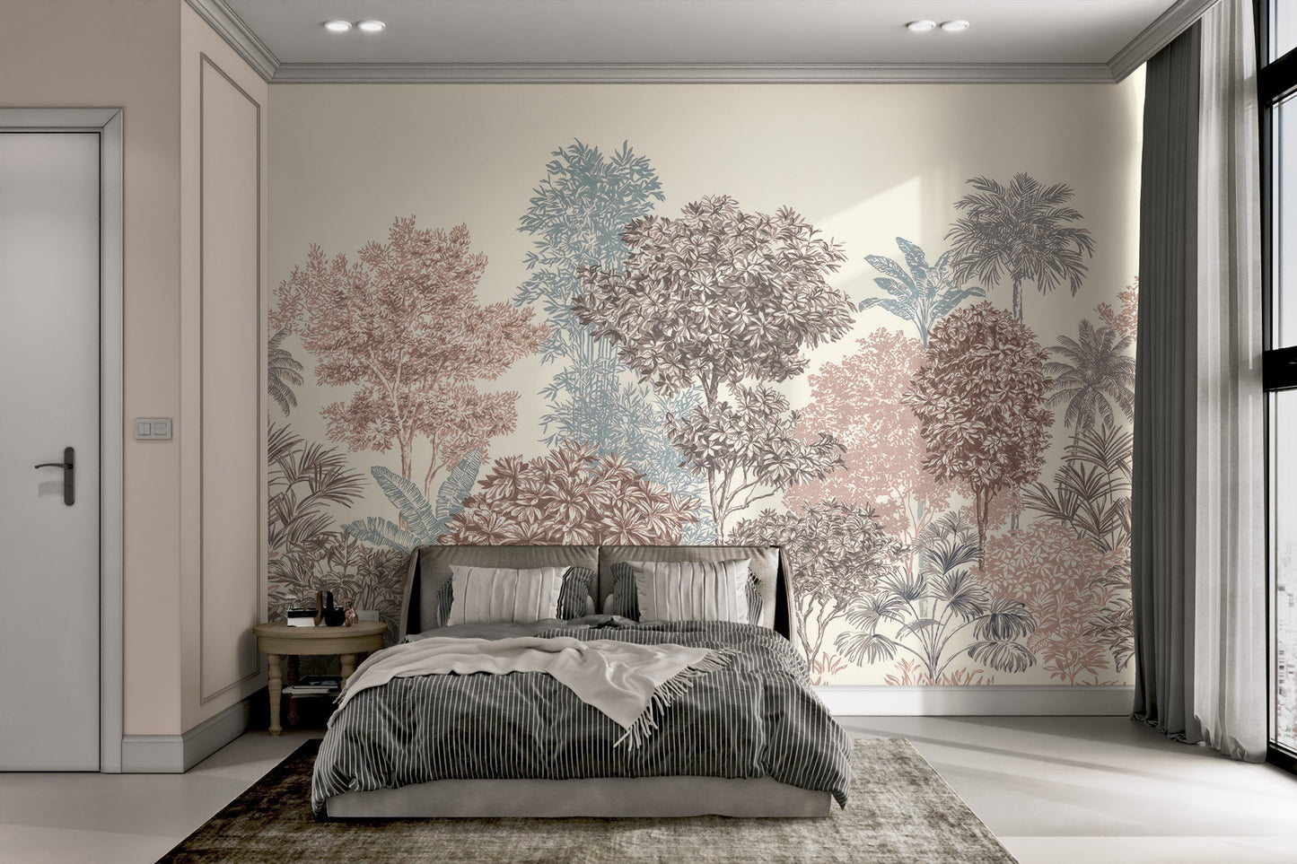 Vintage style botanical tree wall mural for master bedroom.