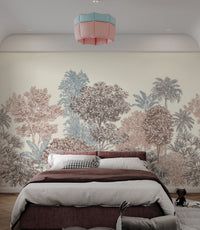 Classic forest pattern wall mural in pastel colors for standard bedroom.