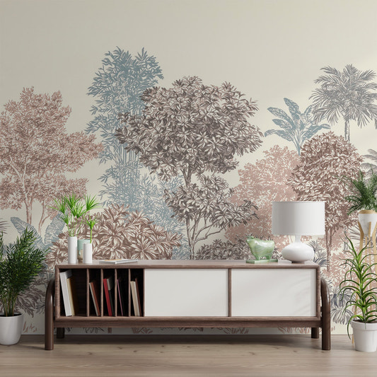 Golden Palm Forest Wall Mural with cream and blue trees for flat living room