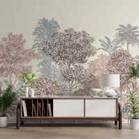 Golden Palm Forest Wall Mural with cream and blue trees for flat living room