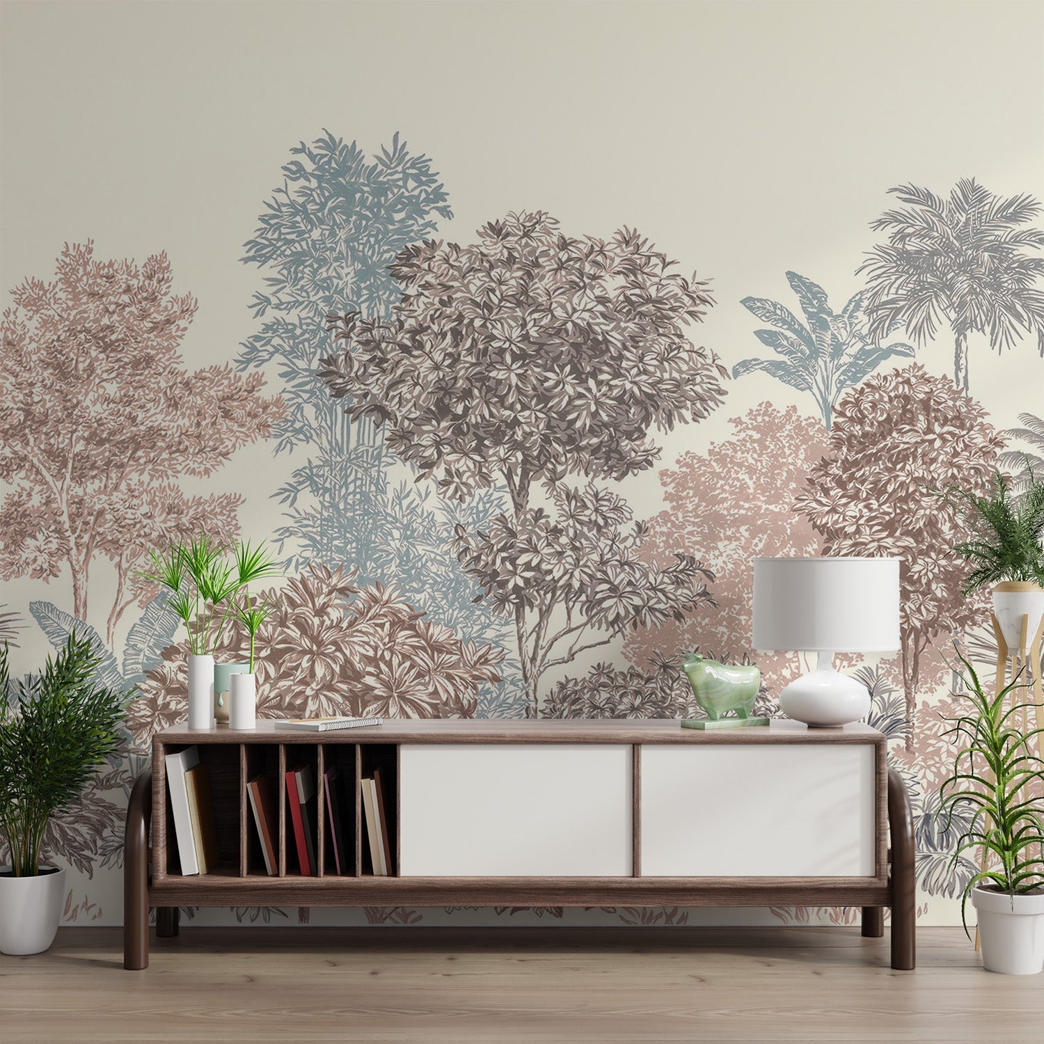Golden Palm Forest Wall Mural with cream and blue trees for flat living room