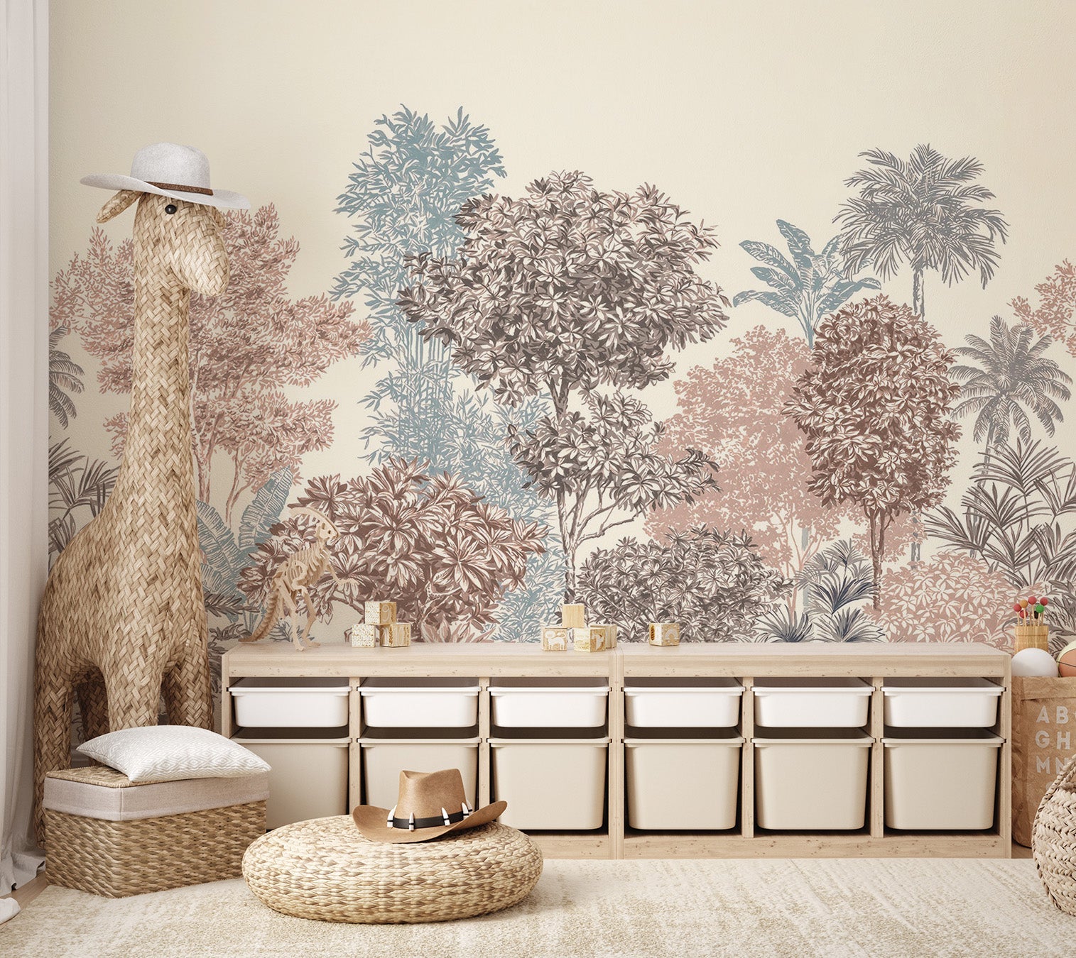 Traditional style woodland wall mural suitable for residential kids room.