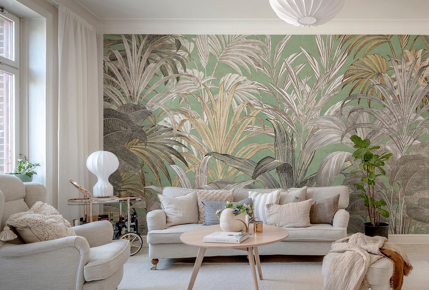 Light green background wall mural showing metallic plant leaves for halls.