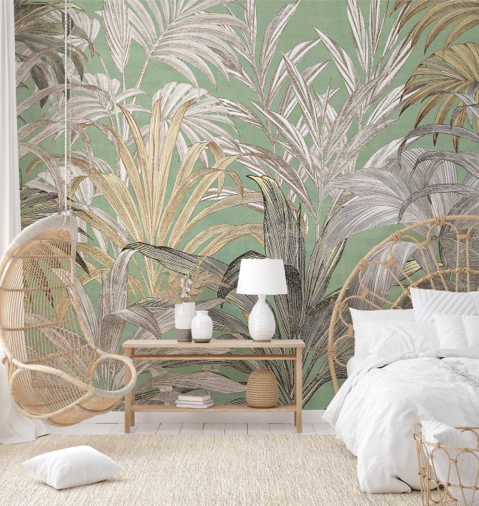 Jungle palm forest leaves wall mural featuring grey metallic tone.