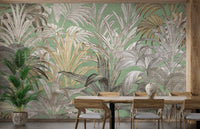 Tropical style wall mural with grey and gold foliage for dining areas.