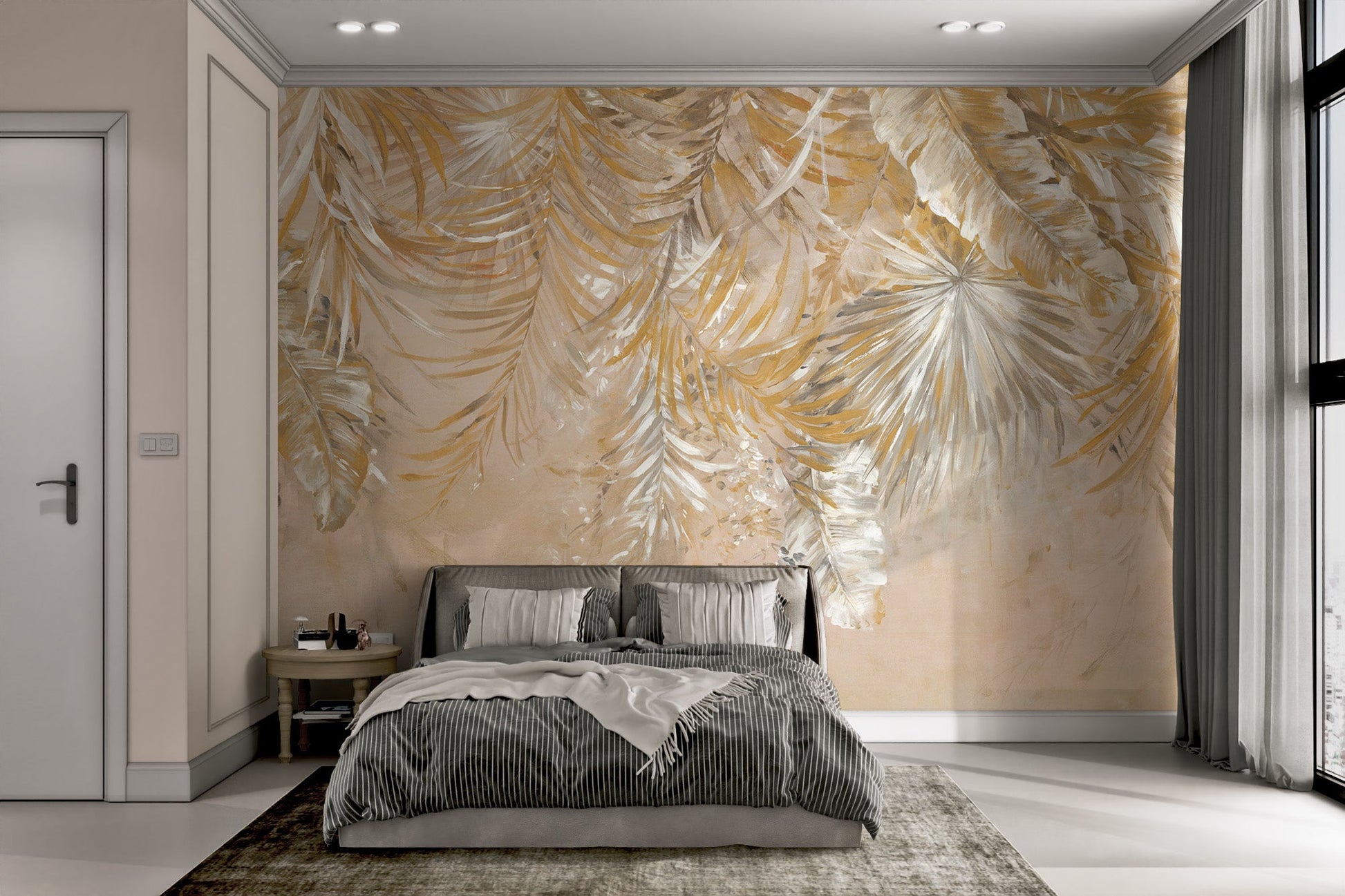 Neutral beige and gold tropical leaf print wall mural for large scale bedroom.
