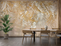 Textured look gold botanical mural for dining spaces with neutral color tones.