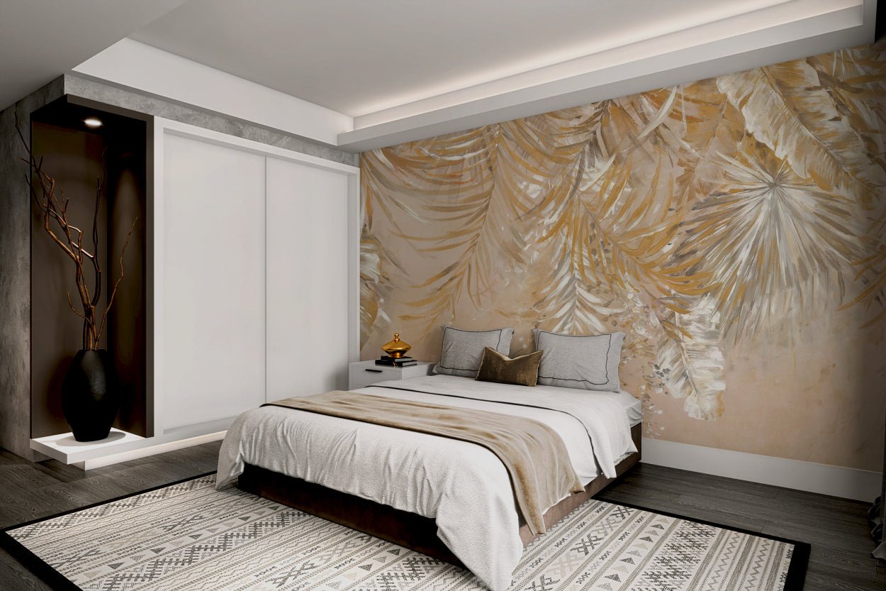 Factual beige botanical wall mural with painted leaf graphics for bedroom.