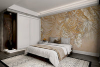 Factual beige botanical wall mural with painted leaf graphics for bedroom.