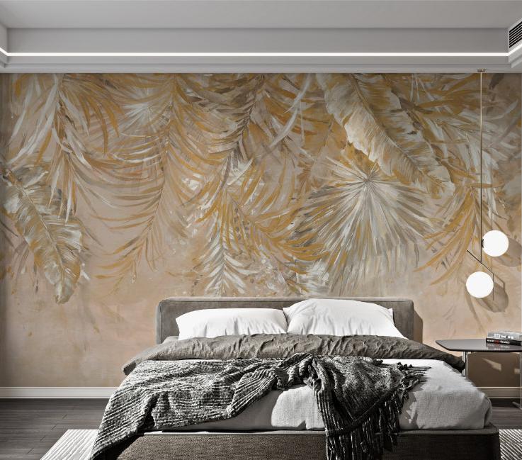 Hand-painted style mustard palm leaf wall mural for artistic bedroom.