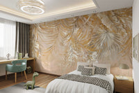 Muted gold palm fronds wall mural with cream background for study room.