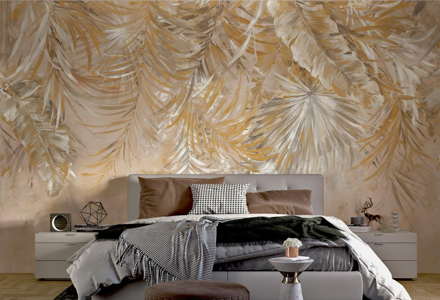 Golden Palm Leaves mural for bedroom feature walls with botanical leaf prints.
