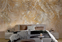 Golden Palm Leaves mural for bedroom feature walls with botanical leaf prints.