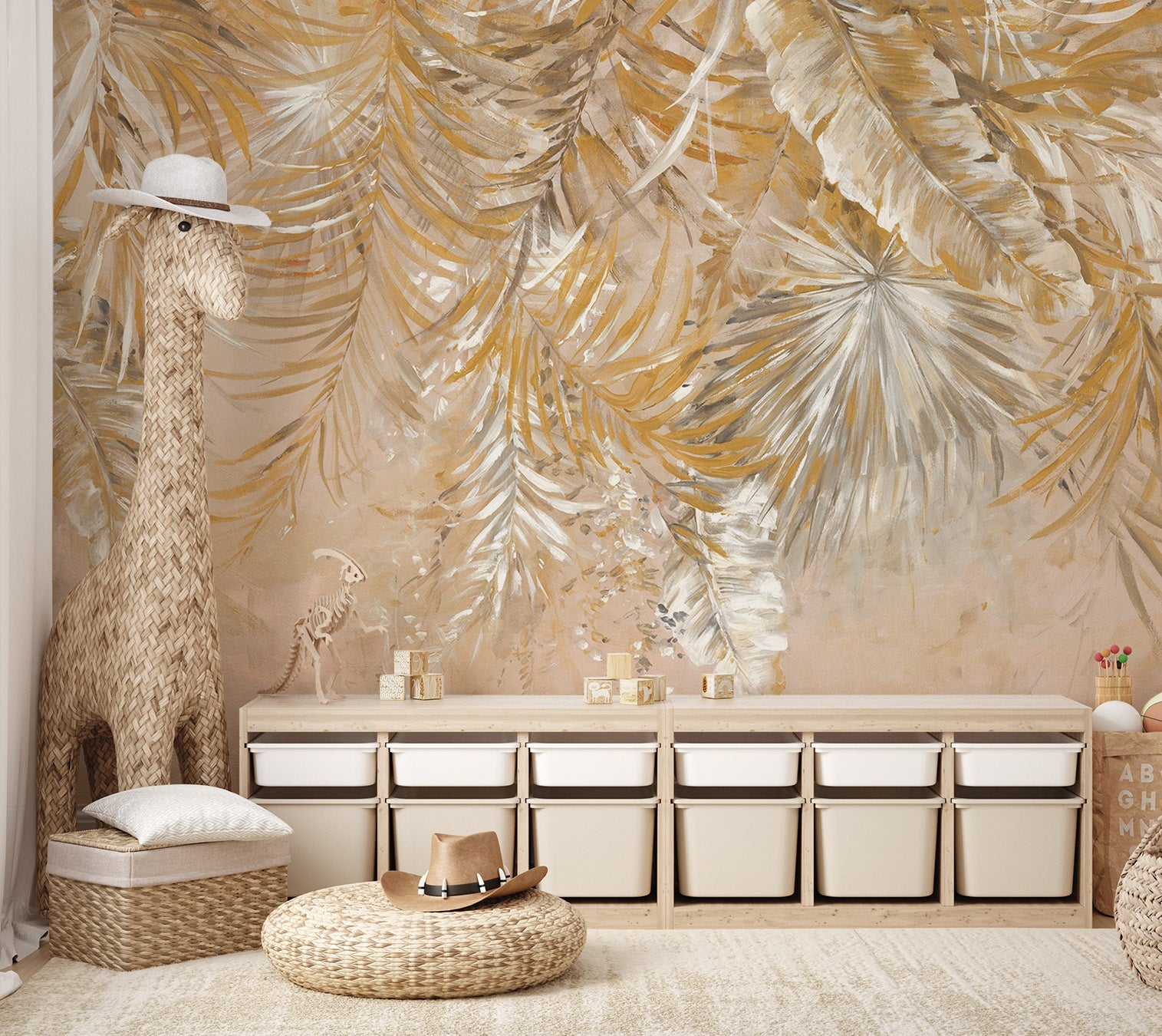 Minimalist gold leaf pattern wall mural for modern nursery interior.