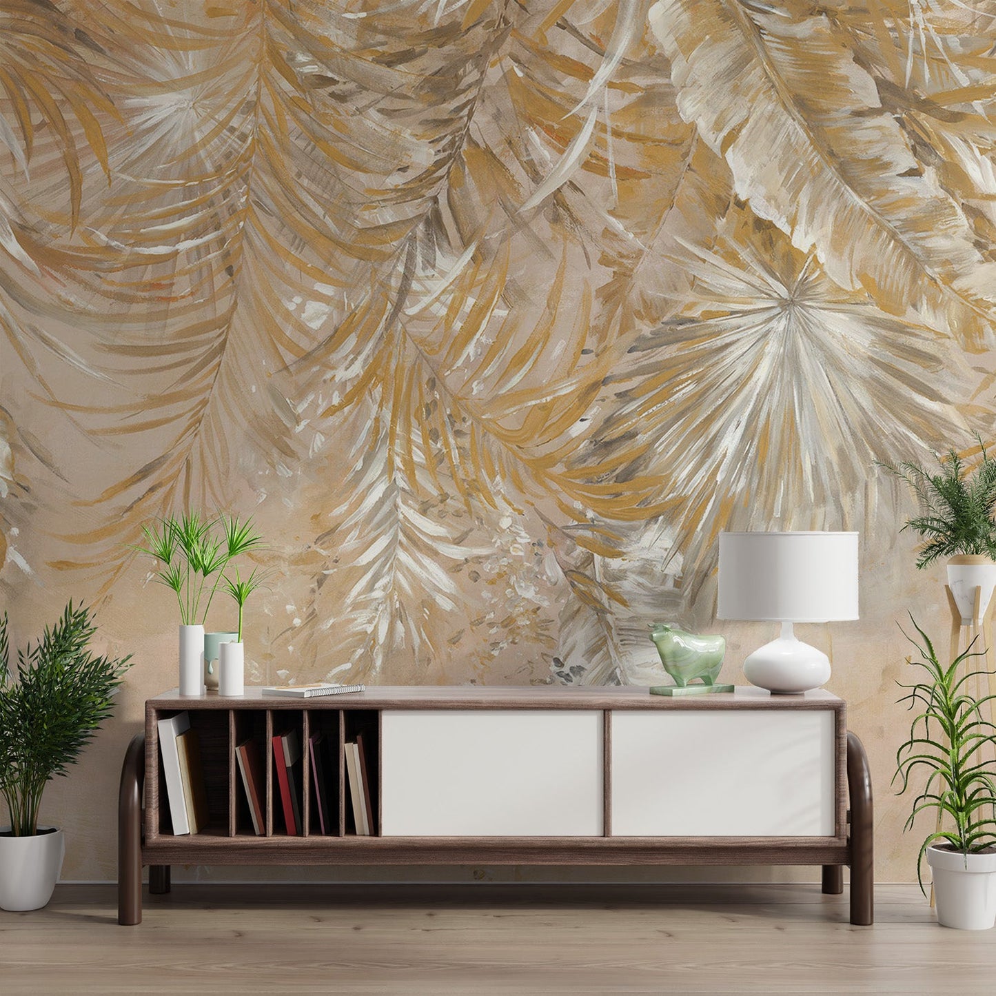 Golden Palm Leaves Wall Mural for modern living room feature interior.