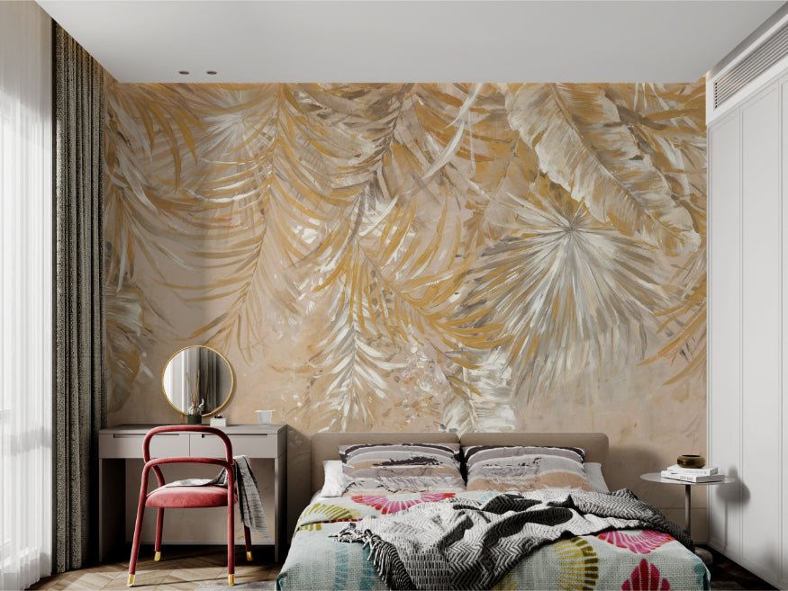 Contemporary golden tropical leaf mural for modern home styling