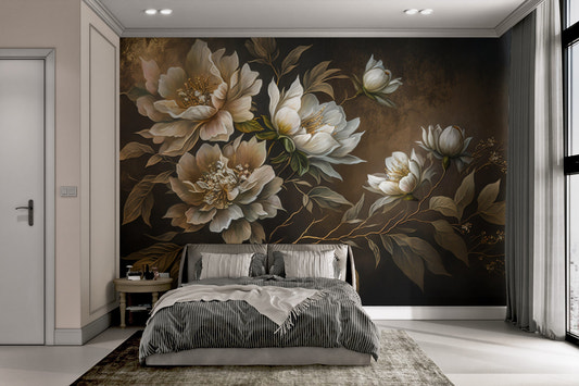 Elegant peony wall mural featuring large white blossoms and golden leaves.