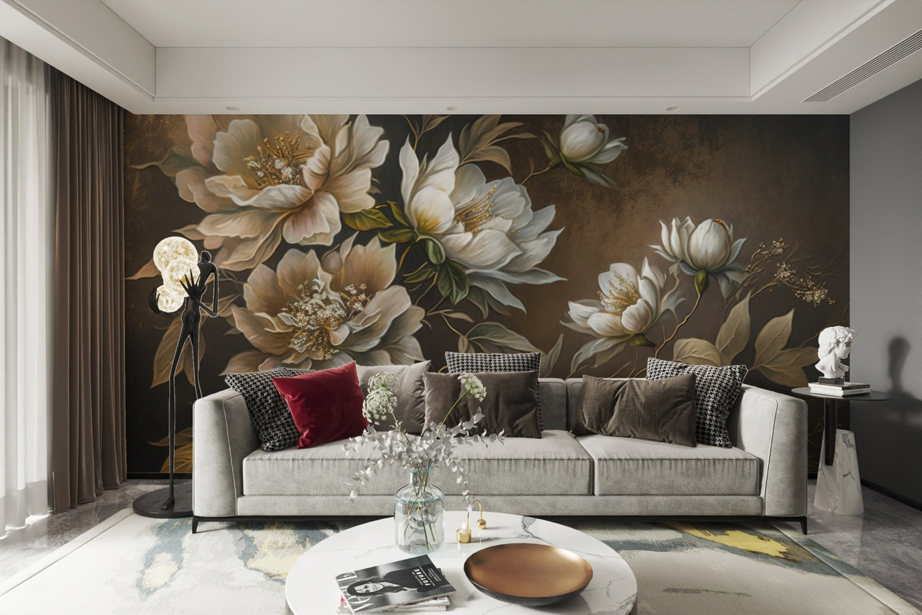 Botanical golden wall mural with detailed flowers and a moody vintage aesthetic.