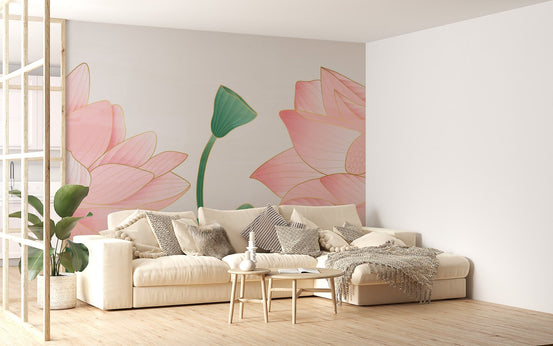 Golden Pink Petal Symphony wall mural in a room with light wood flooring.