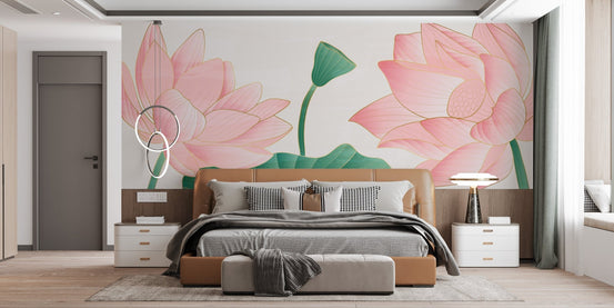 Golden Pink Petal Symphony Wall mural in a modern bedroom with a brown bed.