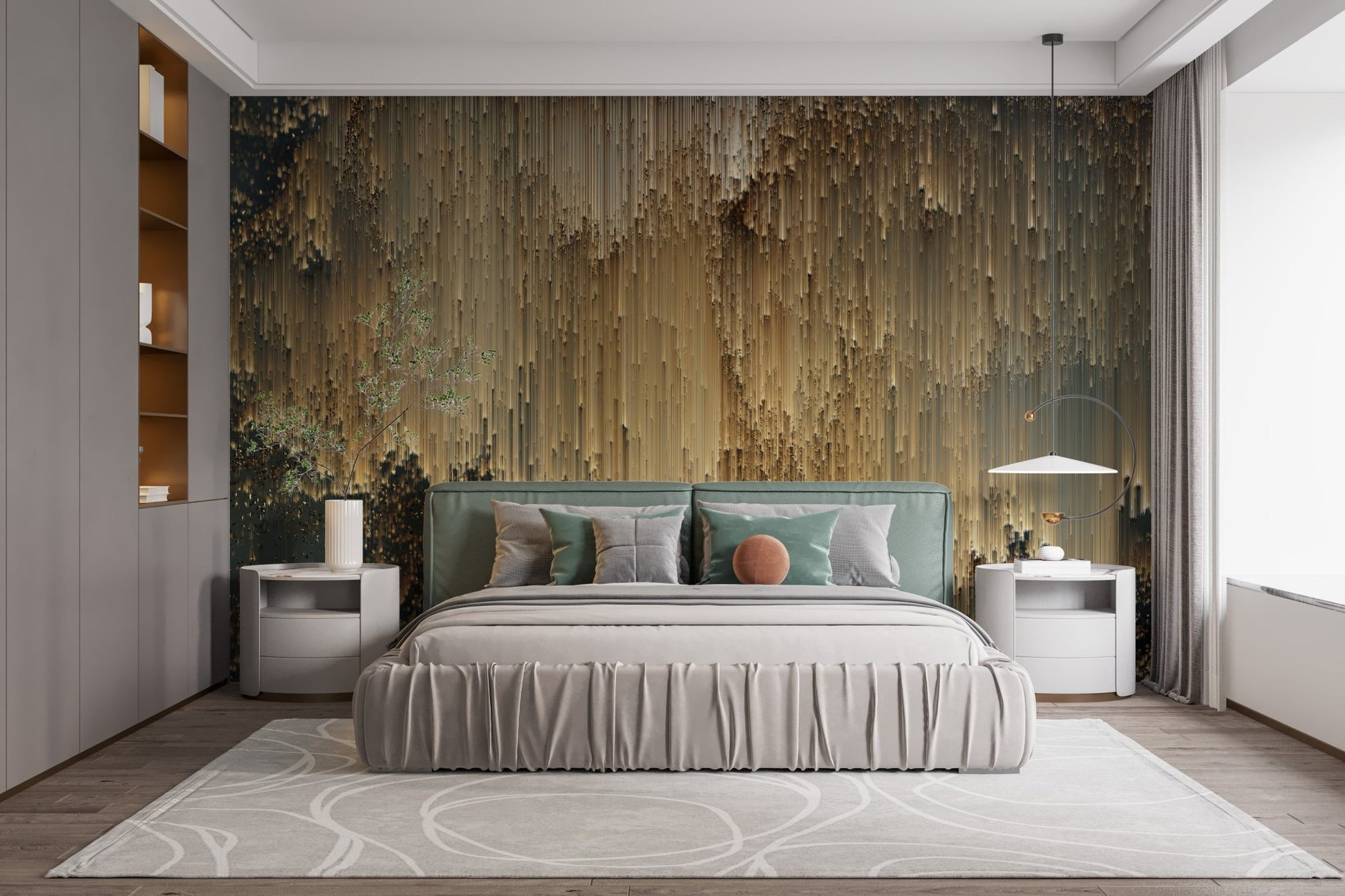 Golden pixel wall mural with a modern and artistic flair in bright bedroom.
