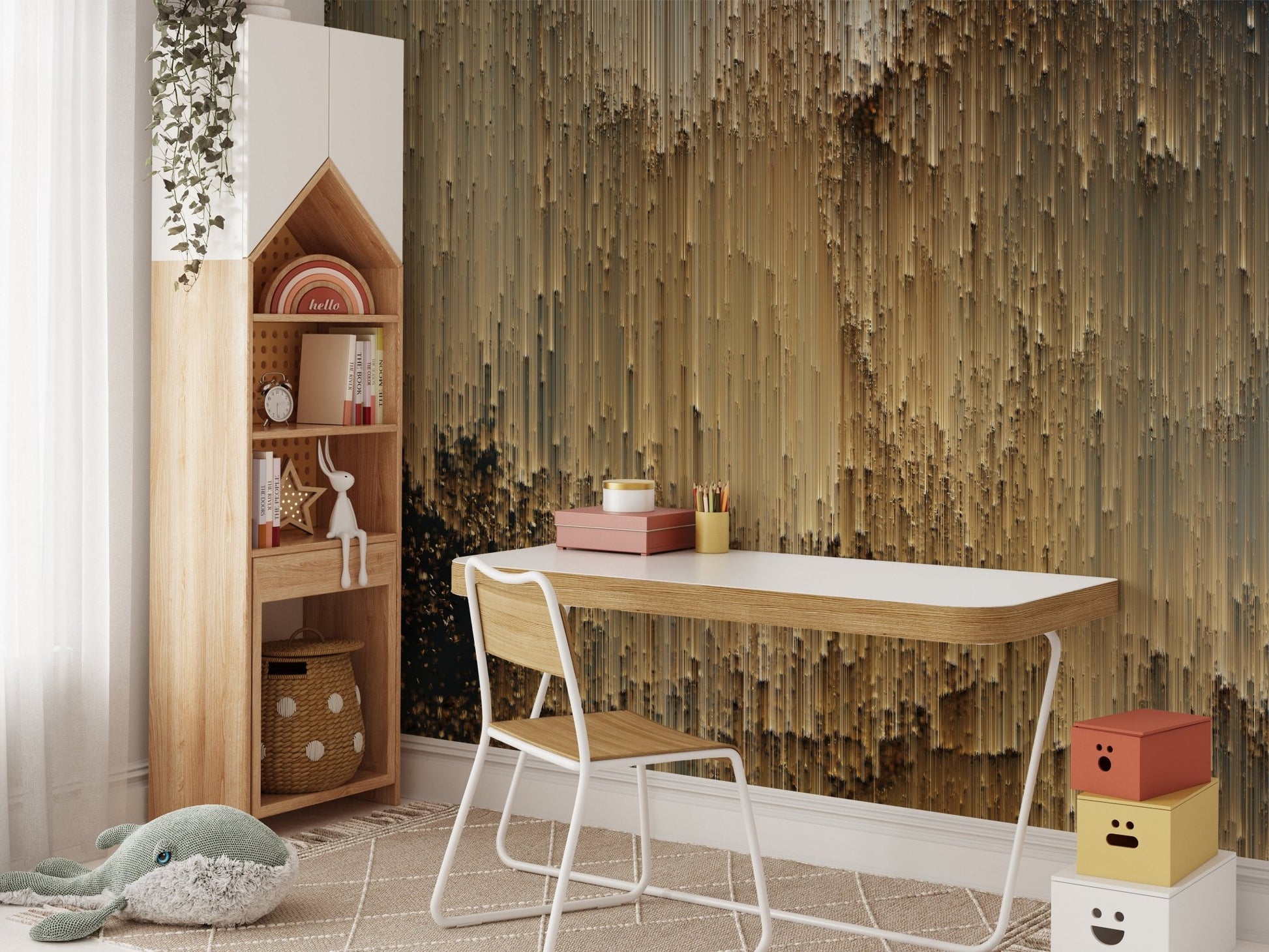 Golden pixel bliss mural with shimmering modern design in study room.
