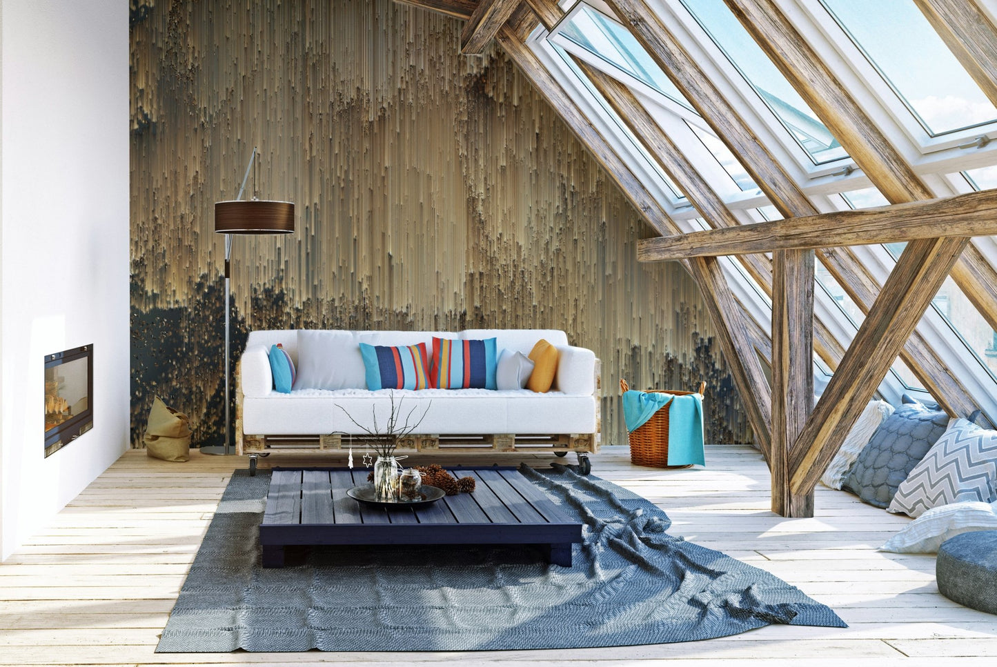 Golden pixel bliss mural for contemporary and trendy attic living room interiors.
