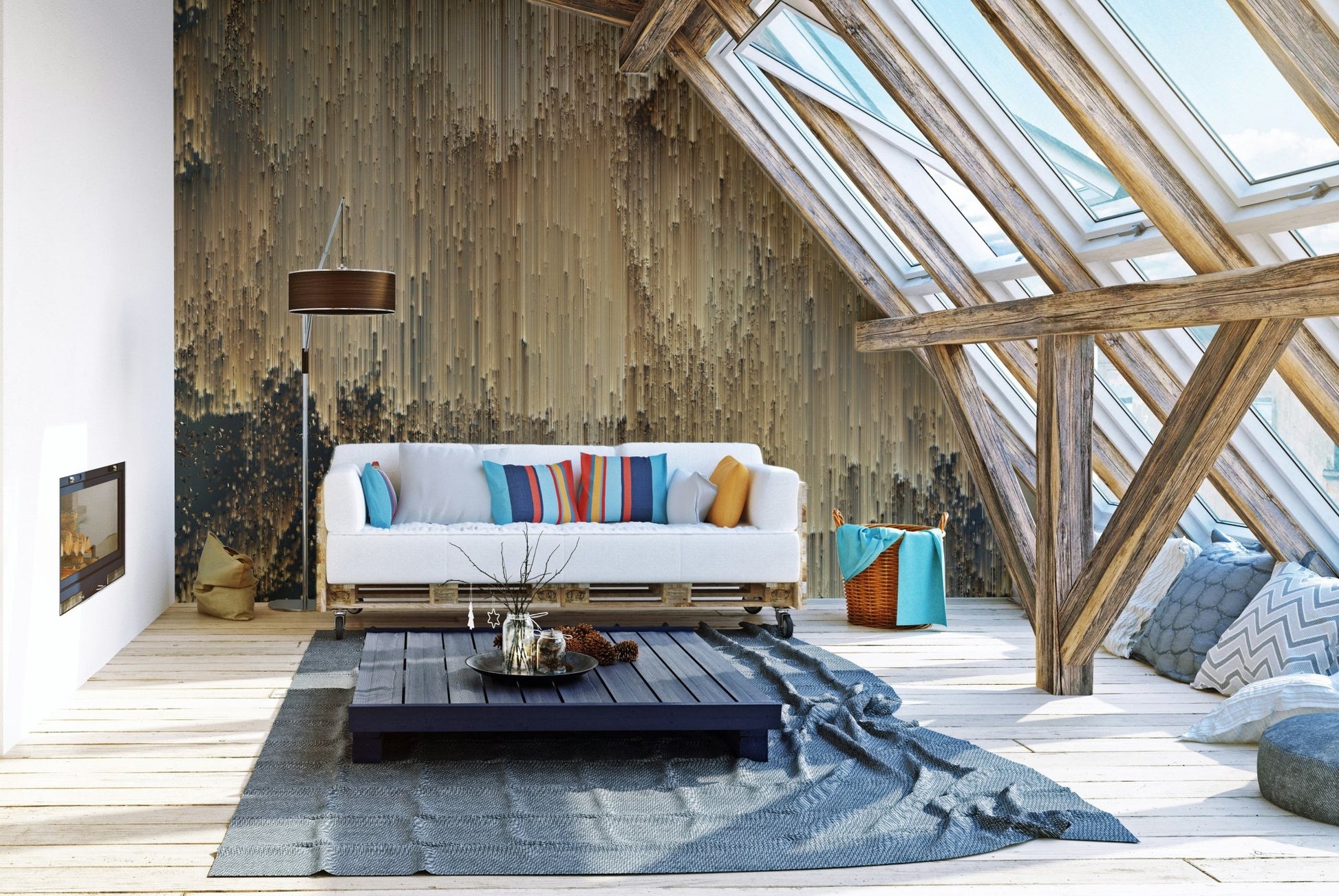 Golden pixel bliss mural for contemporary and trendy attic living room interiors.
